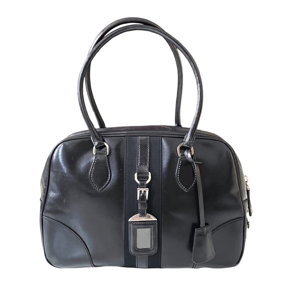 Prada RARE black shiny leather striped bowling bag satchel - Picture 3 of 13